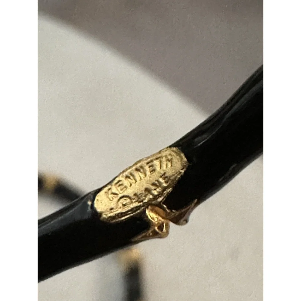 Vintage Kenneth Lane Black Enamel Gold Tone Bamboo Hoop Clip On Earrings 2.25" - Picture 8 of 9